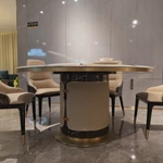 Round Marble Dining Table with Built-in Rotating Tray Woven Leather Pedestal and Metal Base